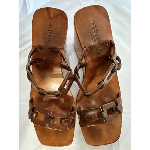 Vintage Stephane Kelian Brown Leather And Wood Platform Wedge Sandals Sz 9.5 - Picture 7 of 16